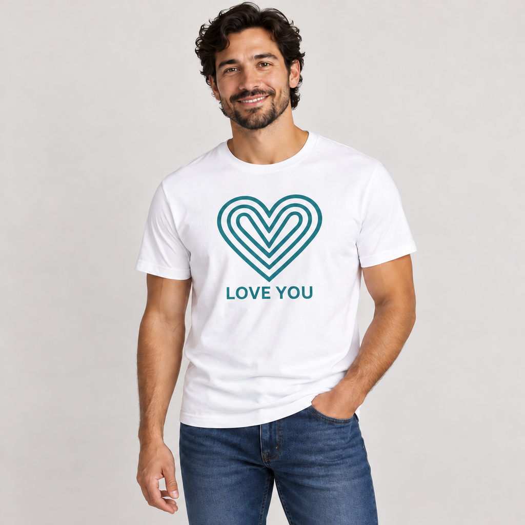 Love You Heart T-Shirt with teal heart logo by Love You Adam