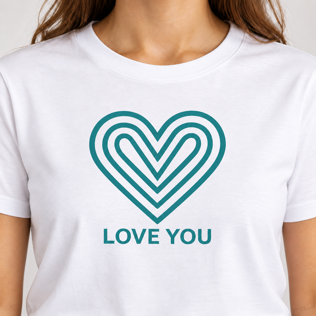 Love You Heart T-Shirt with teal heart logo by Love You Adam
